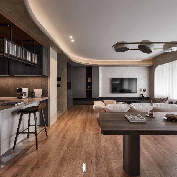 墨染幽居，弧度與紋理交織，圓弧線條暈染全室